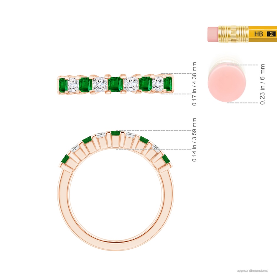2.6mm AAAA Square Emerald and Princess Diamond Semi Eternity Classic Wedding Ring in Rose Gold ruler