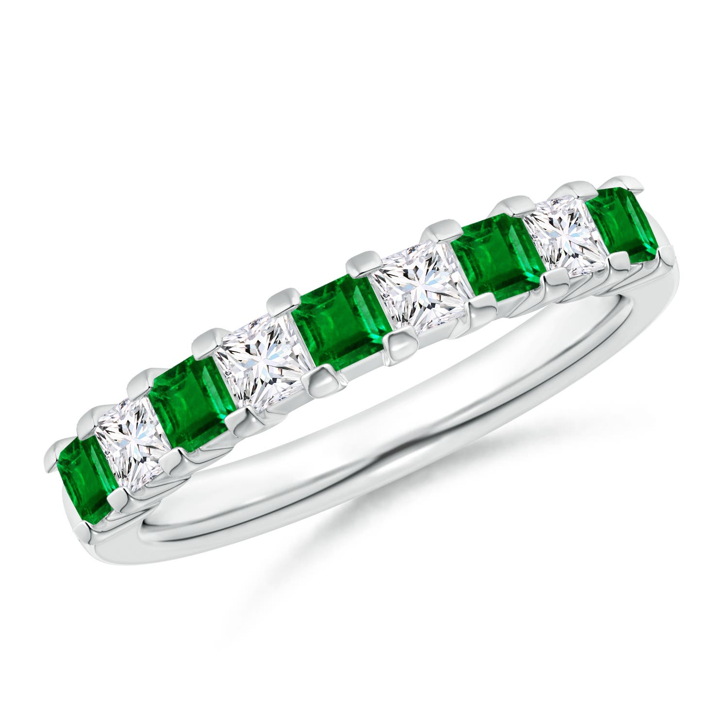 2.6mm AAAA Square Emerald and Princess Diamond Semi Eternity Classic Wedding Ring in White Gold