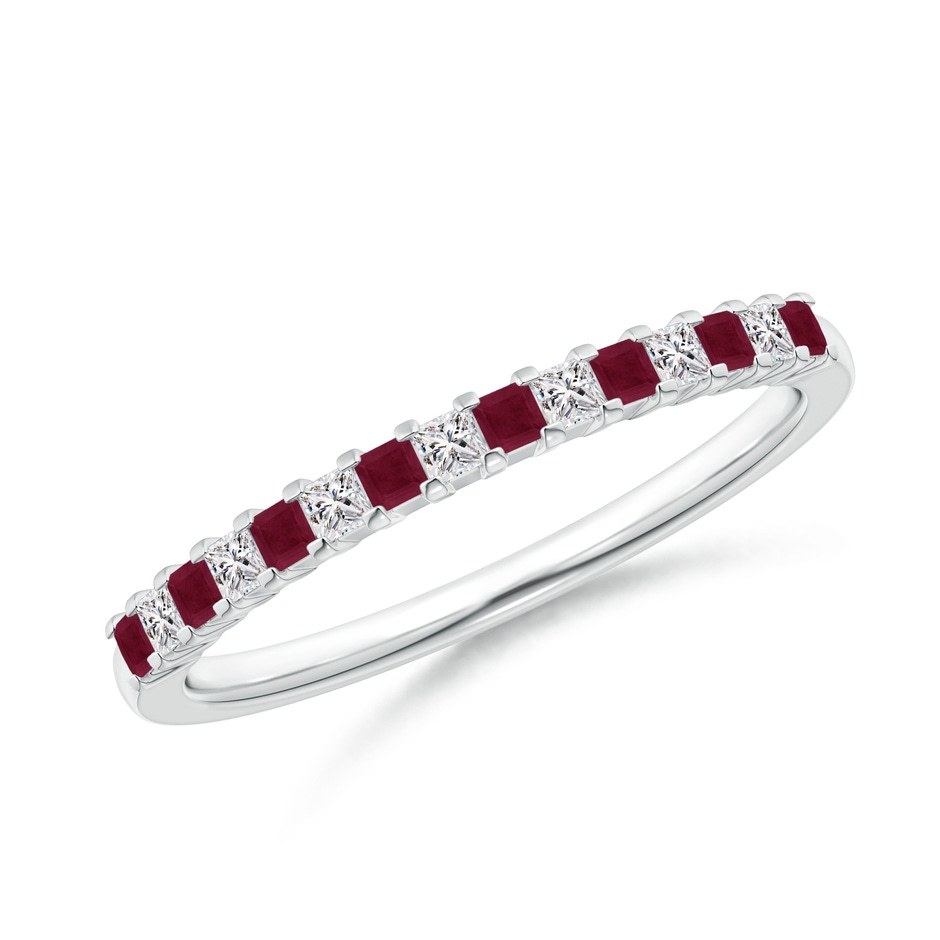 1.5mm A Square Ruby and Princess Diamond Semi Eternity Classic Wedding Ring in White Gold 