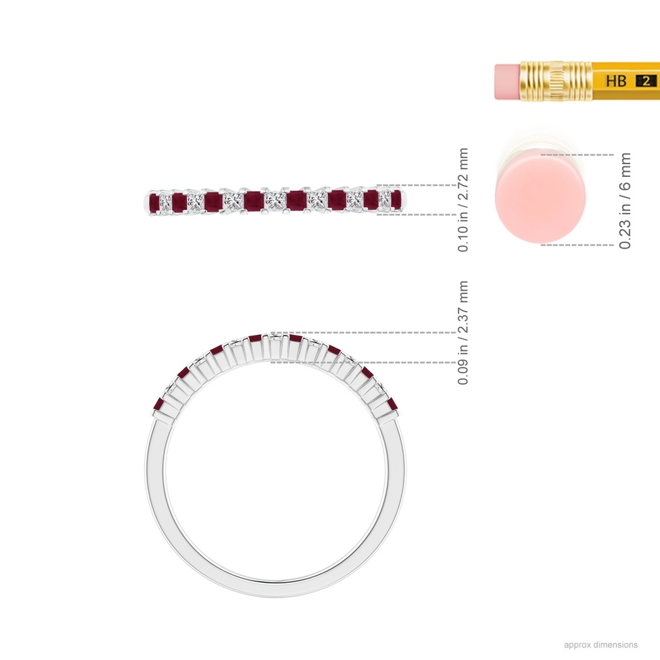 1.5mm A Square Ruby and Princess Diamond Semi Eternity Classic Wedding Ring in White Gold ruler