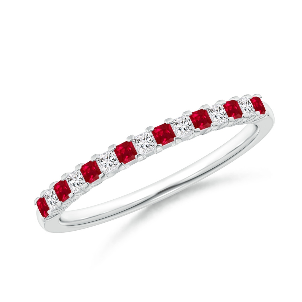 1.5mm AAA Square Ruby and Princess Diamond Semi Eternity Classic Wedding Ring in White Gold