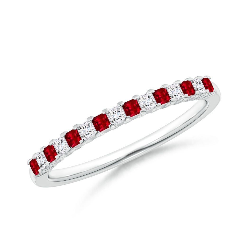 1.5mm AAAA Square Ruby and Princess Diamond Semi Eternity Classic Wedding Ring in White Gold