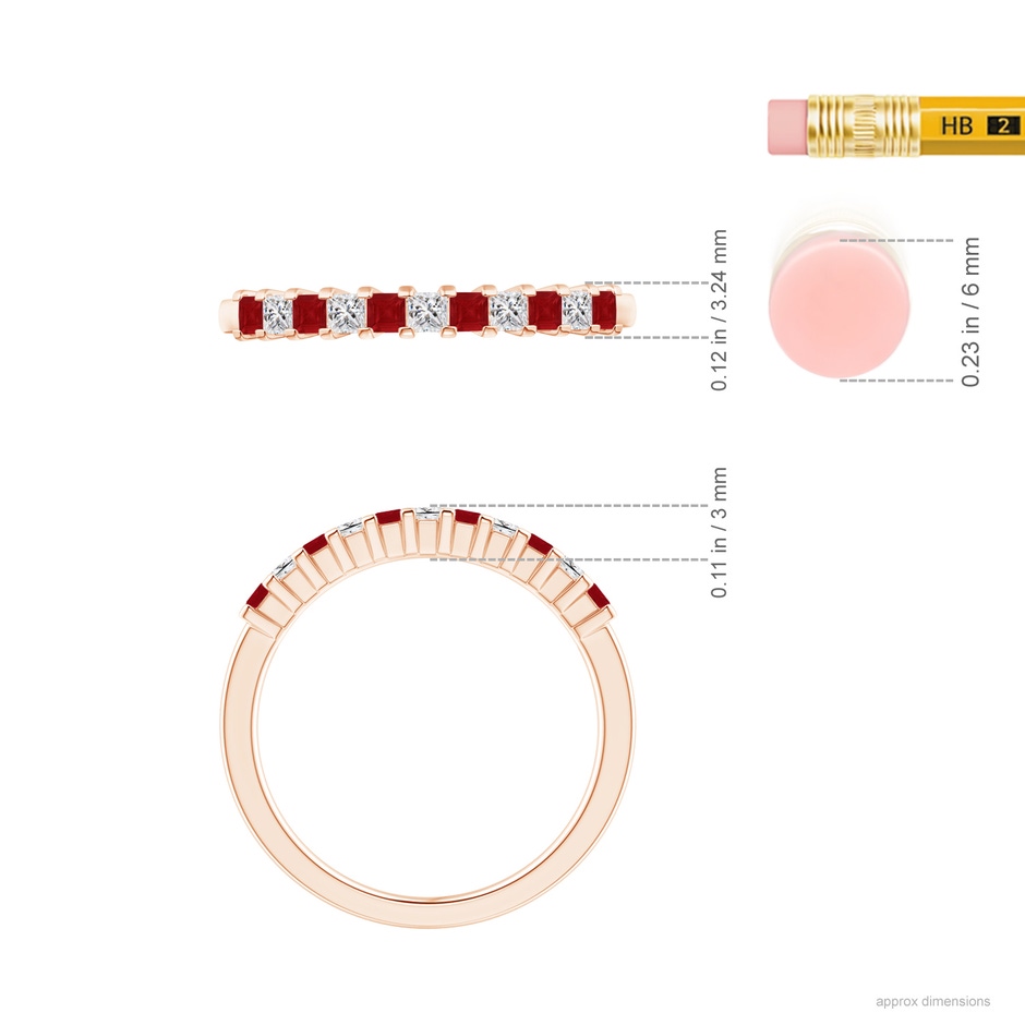 1.9mm AA Square Ruby and Princess Diamond Semi Eternity Classic Wedding Ring in Rose Gold ruler