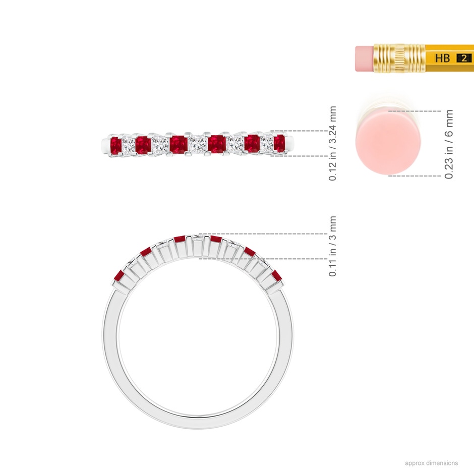 1.9mm AAA Square Ruby and Princess Diamond Semi Eternity Classic Wedding Ring in White Gold ruler