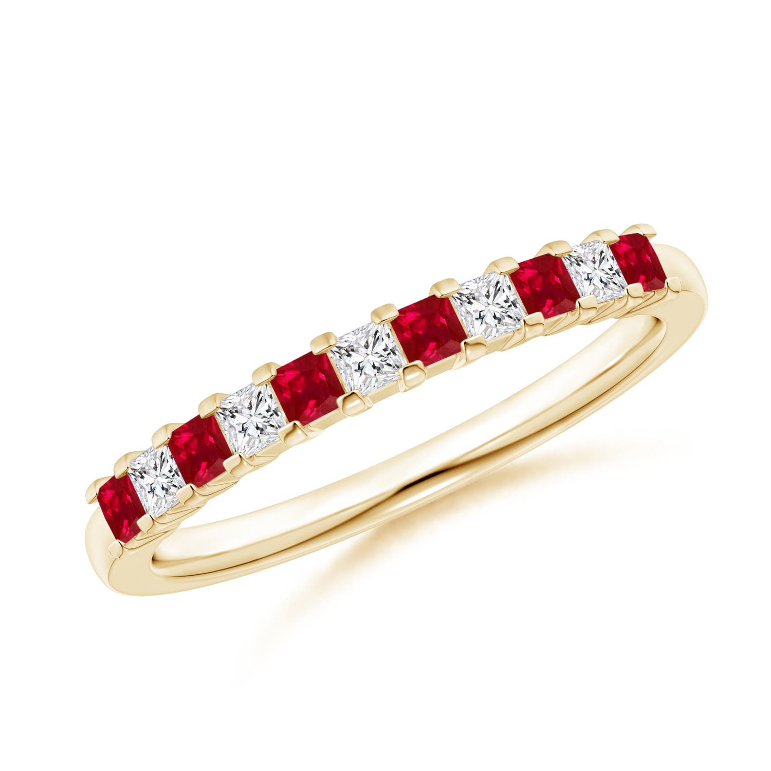 1.9mm AAA Square Ruby and Princess Diamond Semi Eternity Classic Wedding Ring in Yellow Gold