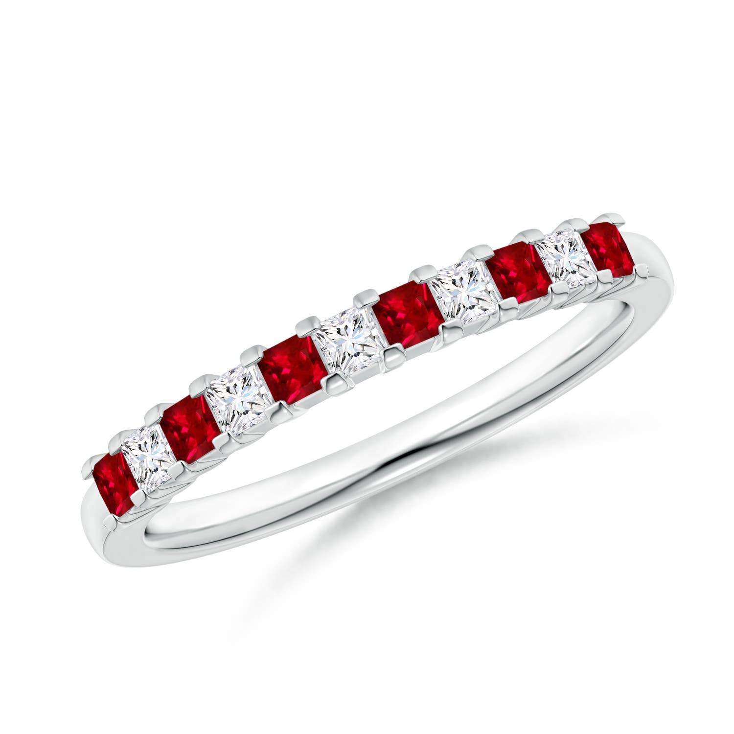1.9mm AAAA Square Ruby and Princess Diamond Semi Eternity Classic Wedding Ring in P950 Platinum