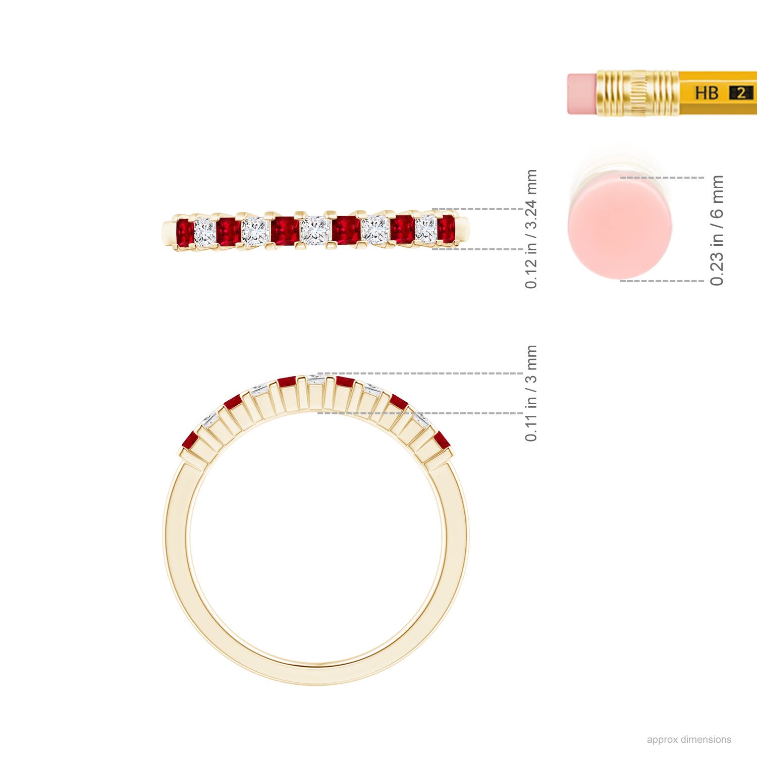 1.9mm AAAA Square Ruby and Princess Diamond Semi Eternity Classic Wedding Ring in Yellow Gold - ruler