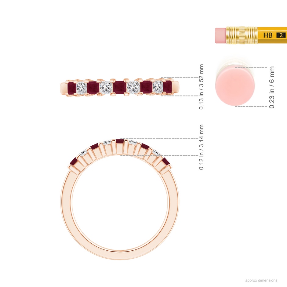2.2mm A Square Ruby and Princess Diamond Semi Eternity Classic Wedding Ring in Rose Gold ruler