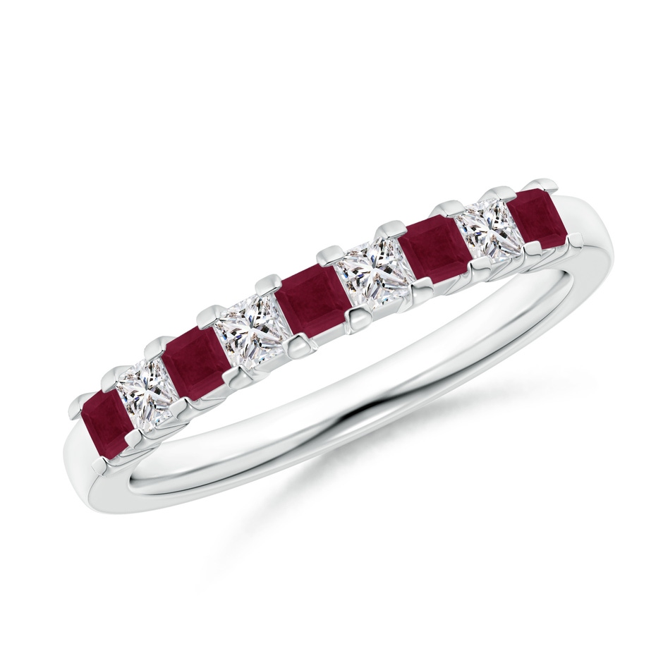 2.2mm A Square Ruby and Princess Diamond Semi Eternity Classic Wedding Ring in White Gold 