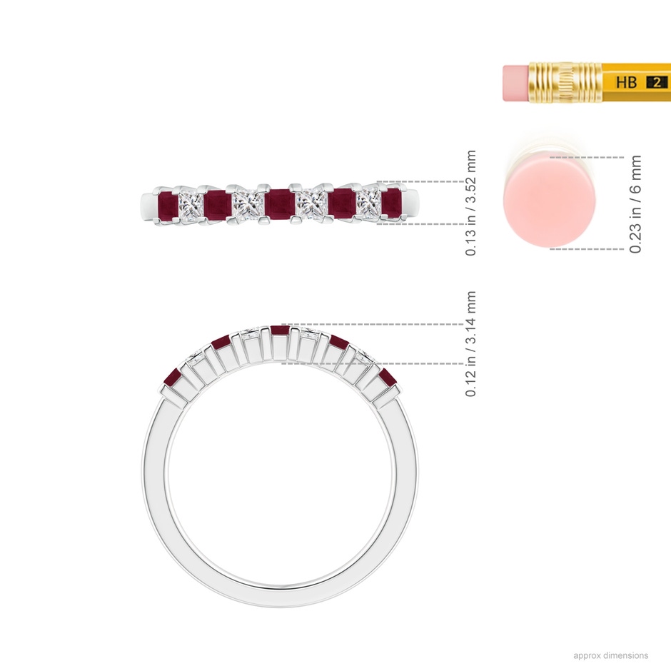 2.2mm A Square Ruby and Princess Diamond Semi Eternity Classic Wedding Ring in White Gold ruler