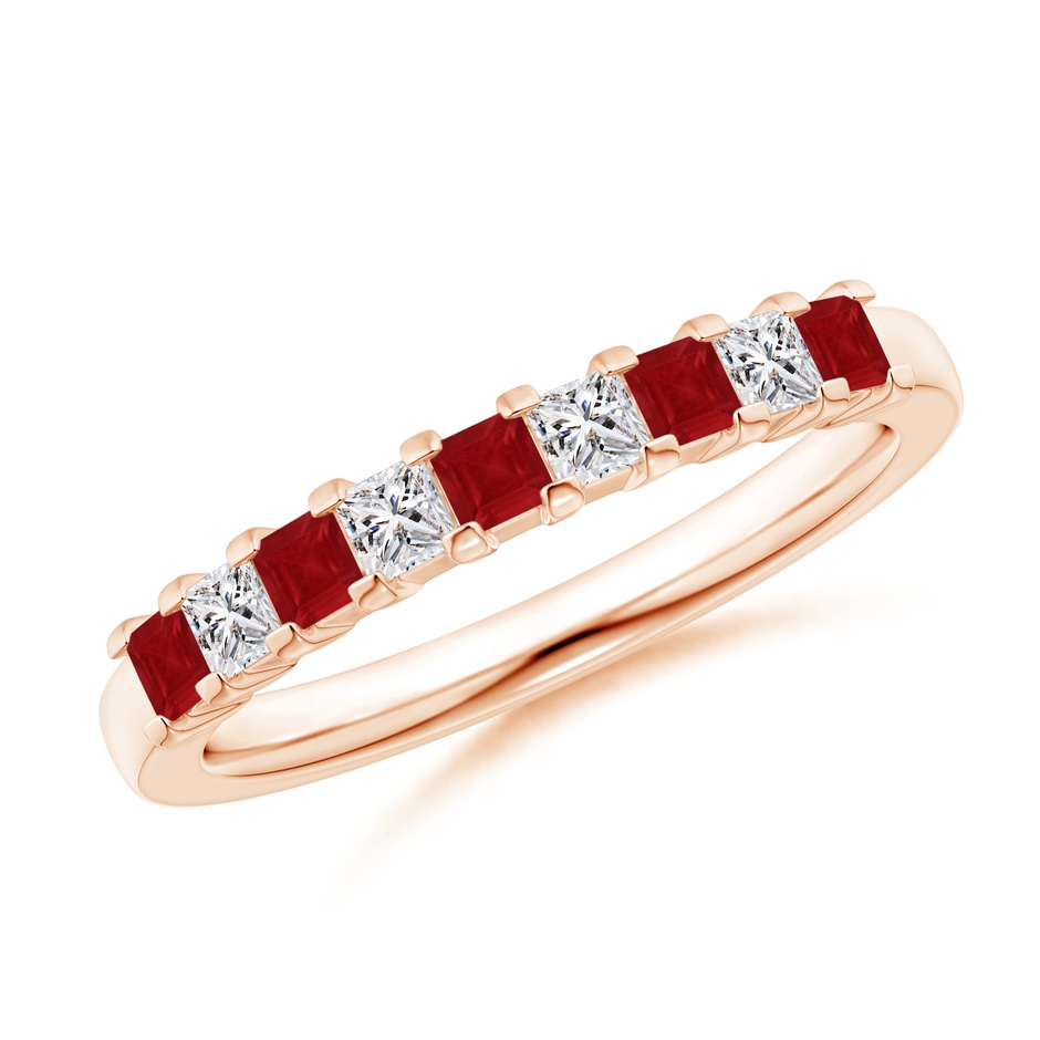2.2mm AA Square Ruby and Princess Diamond Semi Eternity Classic Wedding Ring in Rose Gold 