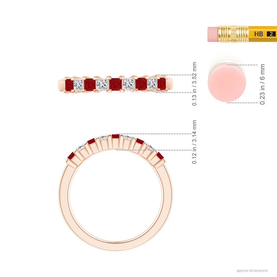 2.2mm AA Square Ruby and Princess Diamond Semi Eternity Classic Wedding Ring in Rose Gold ruler