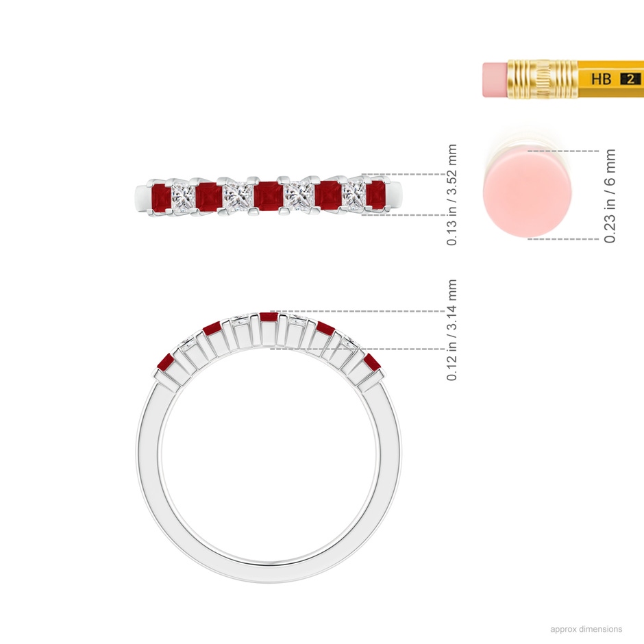 2.2mm AA Square Ruby and Princess Diamond Semi Eternity Classic Wedding Ring in White Gold ruler