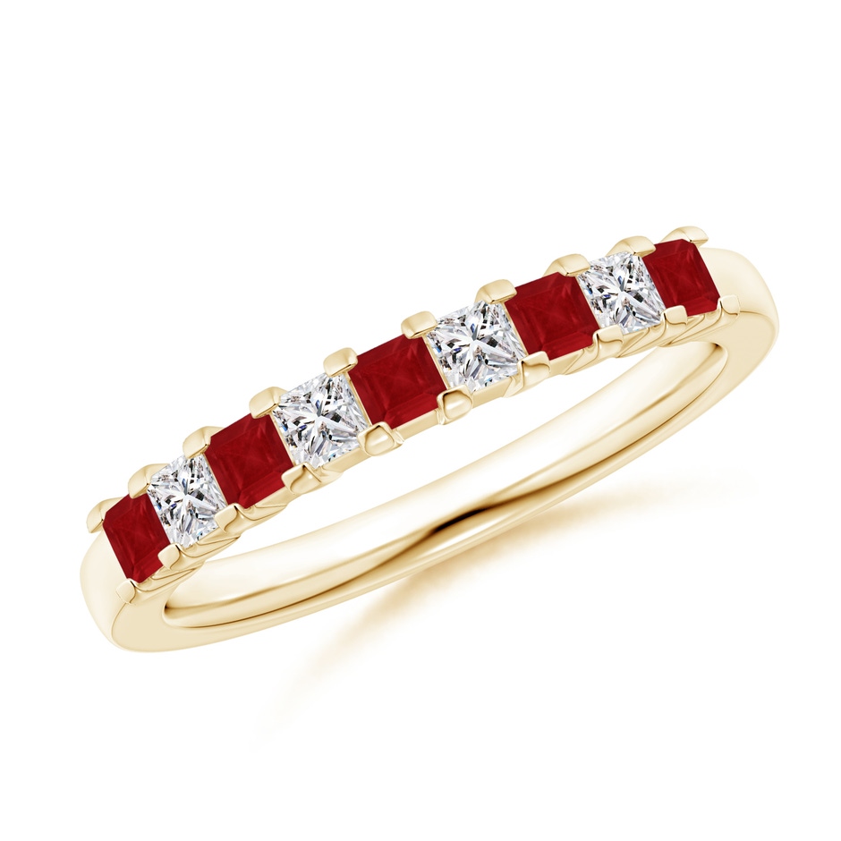 2.2mm AA Square Ruby and Princess Diamond Semi Eternity Classic Wedding Ring in Yellow Gold 