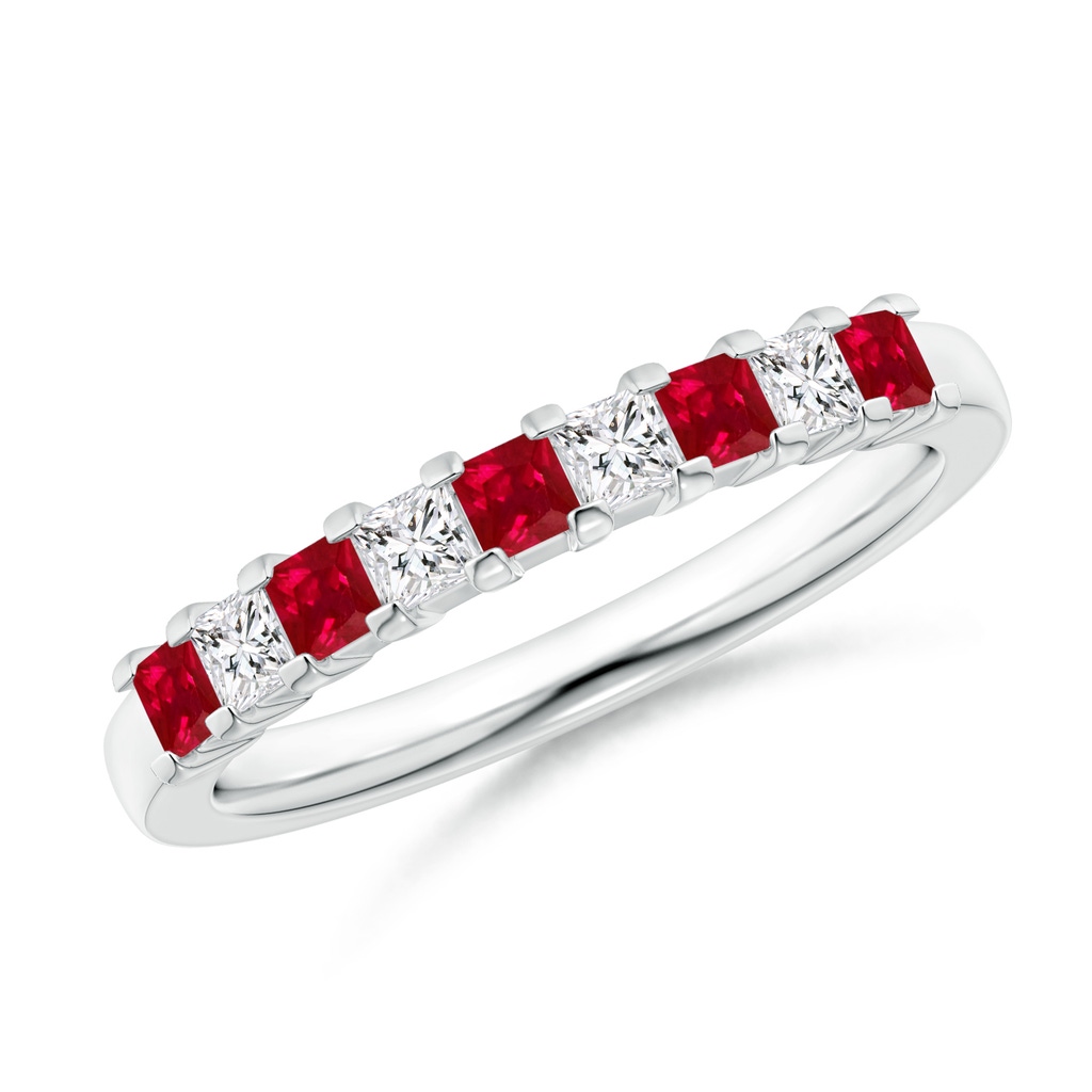 2.2mm AAA Square Ruby and Princess Diamond Semi Eternity Classic Wedding Ring in 18K White Gold
