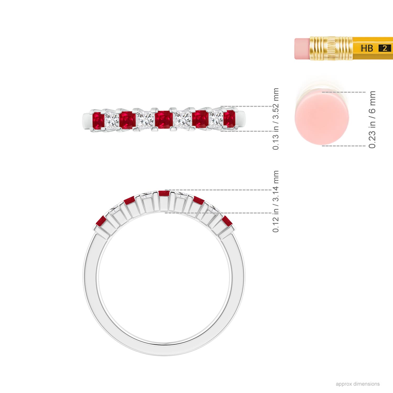 2.2mm AAA Square Ruby and Princess Diamond Semi Eternity Classic Wedding Ring in 18CT White Gold - ruler