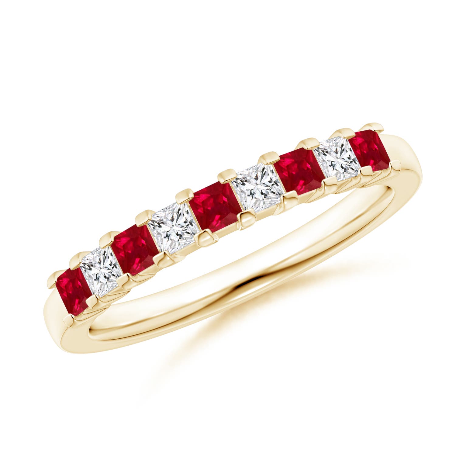 2.2mm AAA Square Ruby and Princess Diamond Semi Eternity Classic Wedding Ring in Yellow Gold