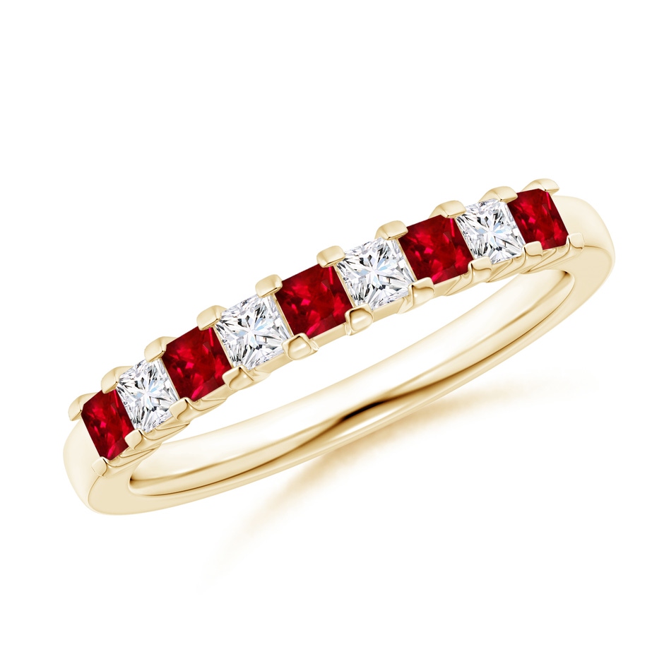 2.2mm AAAA Square Ruby and Princess Diamond Semi Eternity Classic Wedding Ring in Yellow Gold 