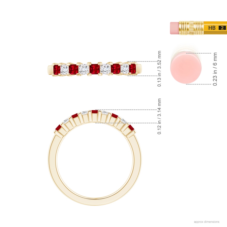 2.2mm AAAA Square Ruby and Princess Diamond Semi Eternity Classic Wedding Ring in Yellow Gold ruler