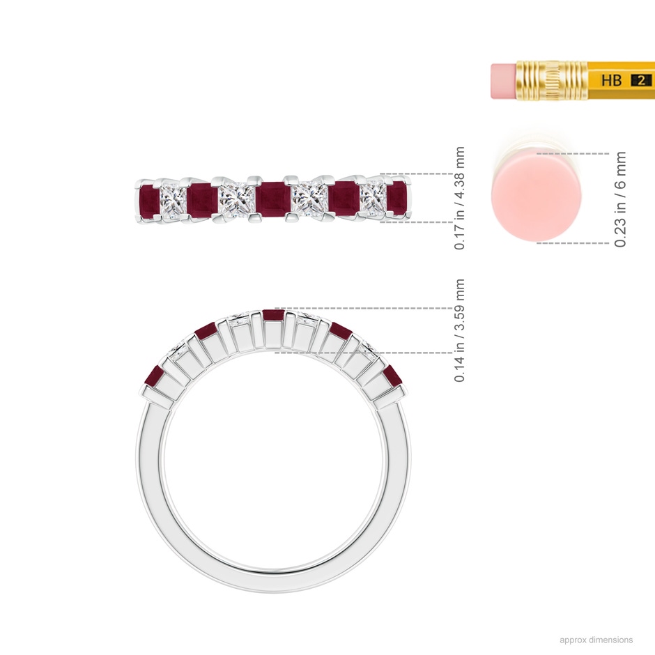 2.6mm A Square Ruby and Princess Diamond Semi Eternity Classic Wedding Ring in P950 Platinum ruler