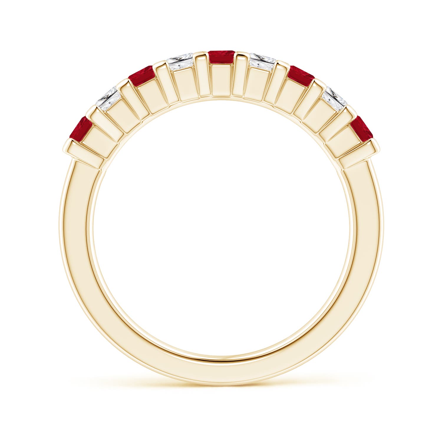 2.6mm AAA Square Ruby and Princess Diamond Semi Eternity Classic Wedding Ring in 18K Yellow Gold