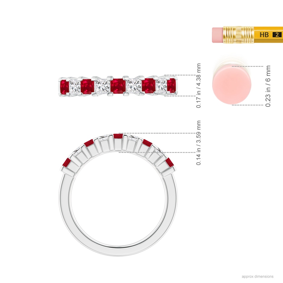 2.6mm AAA Square Ruby and Princess Diamond Semi Eternity Classic Wedding Ring in White Gold ruler