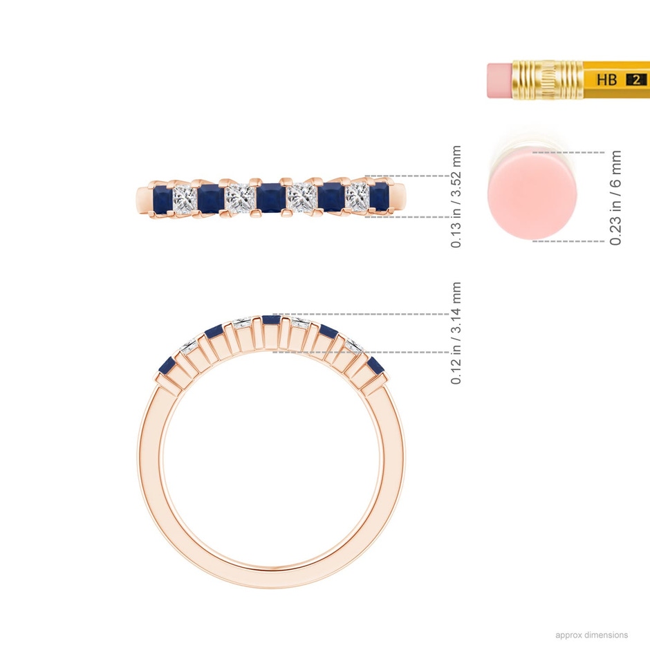 2.2mm A Blue Sapphire and Diamond Semi Eternity Classic Wedding Ring in Rose Gold ruler