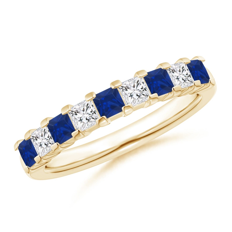 2.6mm AAA Blue Sapphire and Diamond Semi Eternity Classic Wedding Ring in Yellow Gold 