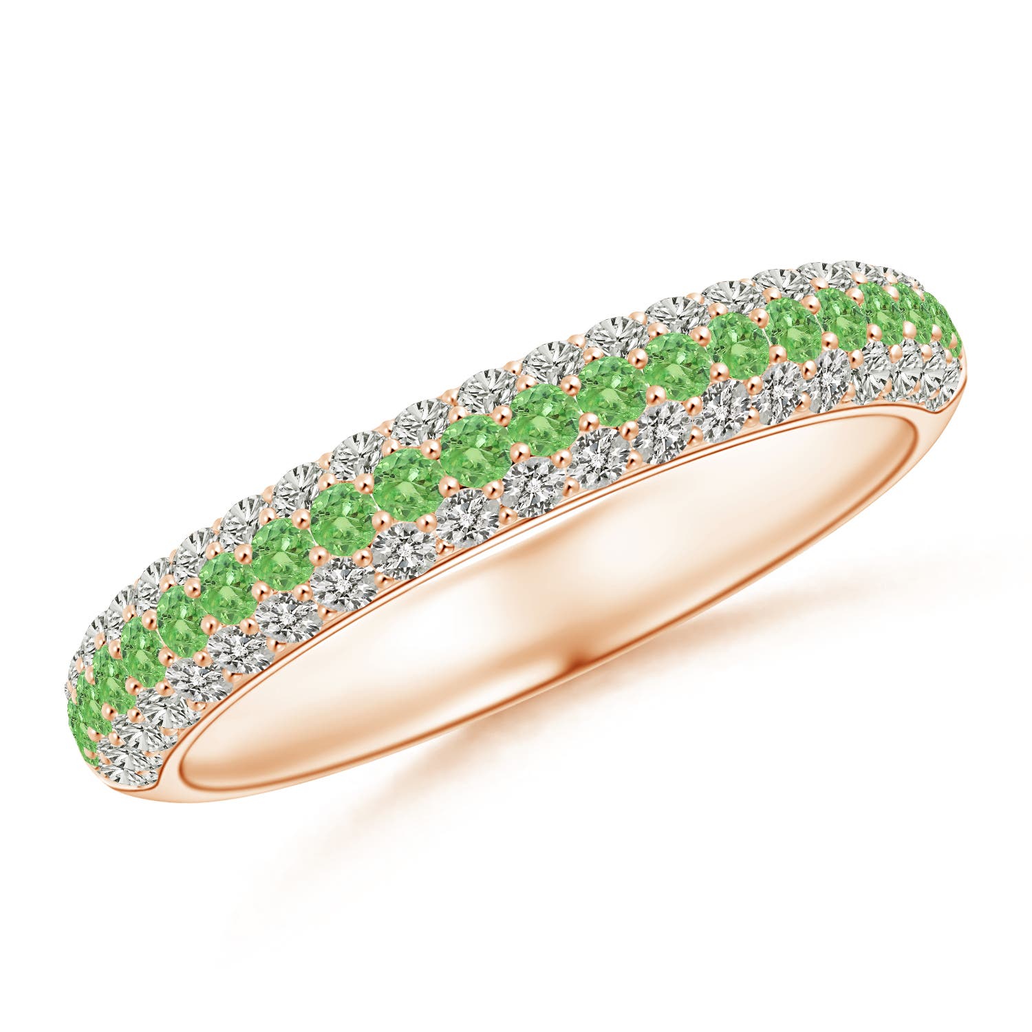 1.5mm A Triple Row Round Tsavorite and Diamond Wedding Ring in Rose Gold