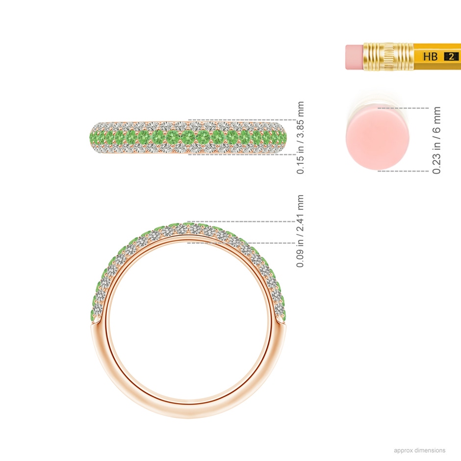 1.5mm A Triple Row Round Tsavorite and Diamond Wedding Ring in Rose Gold ruler