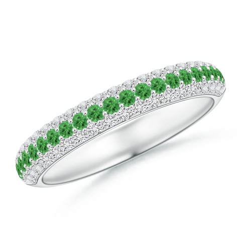 1.5mm AAA Triple Row Round Tsavorite and Diamond Wedding Ring in White Gold