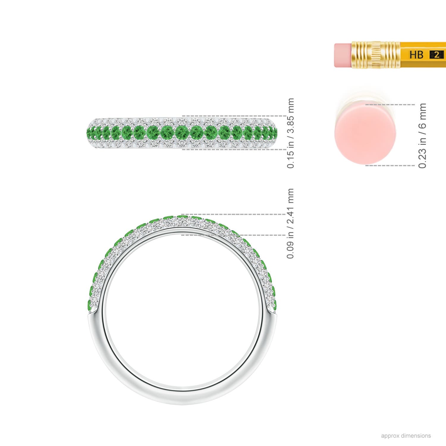 1.5mm AAA Triple Row Round Tsavorite and Diamond Wedding Ring in White Gold - ruler
