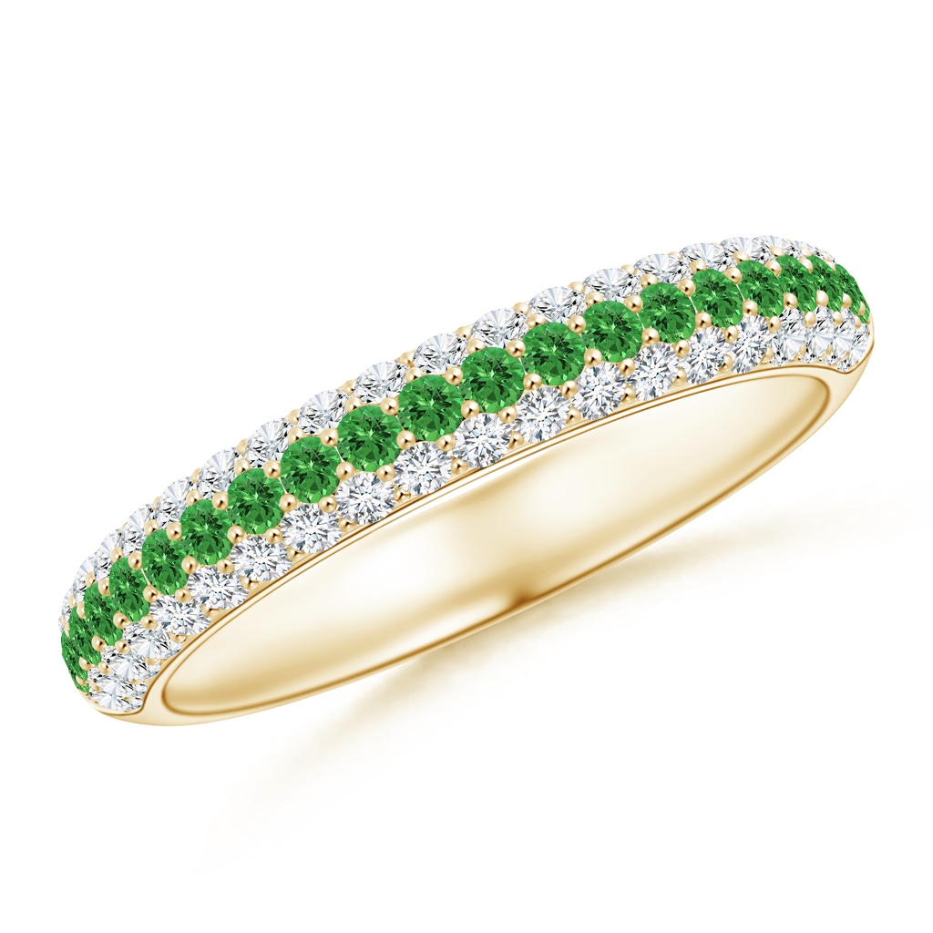 1.5mm AAAA Triple Row Round Tsavorite and Diamond Wedding Ring in Yellow Gold