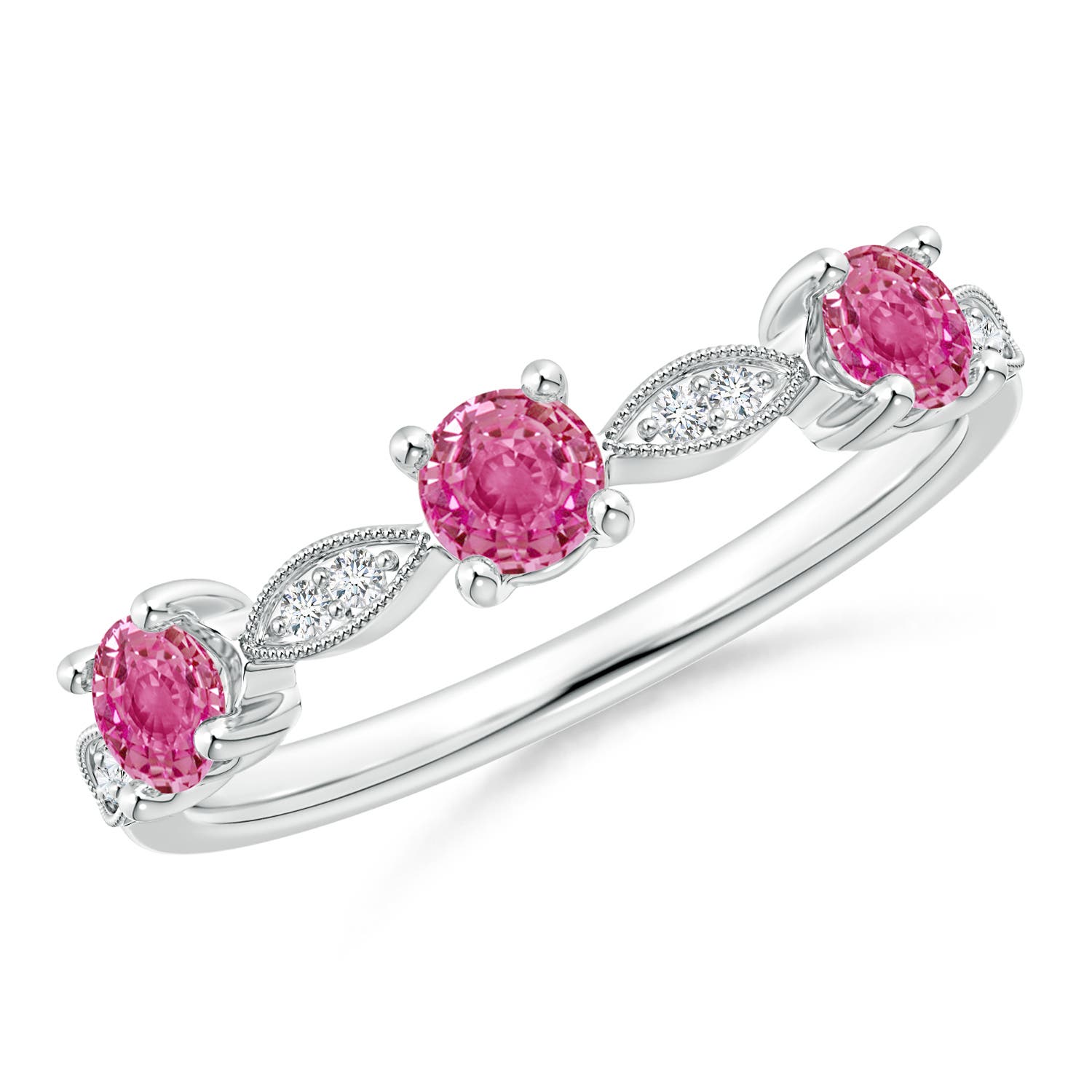 3.5mm AAA Pink Sapphire & Diamond Marquise and Dot Band in White Gold