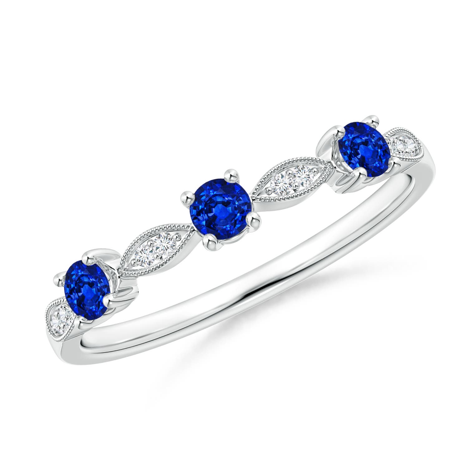 2.7mm AAAA Blue Sapphire & Diamond Marquise and Dot Ring in White Gold