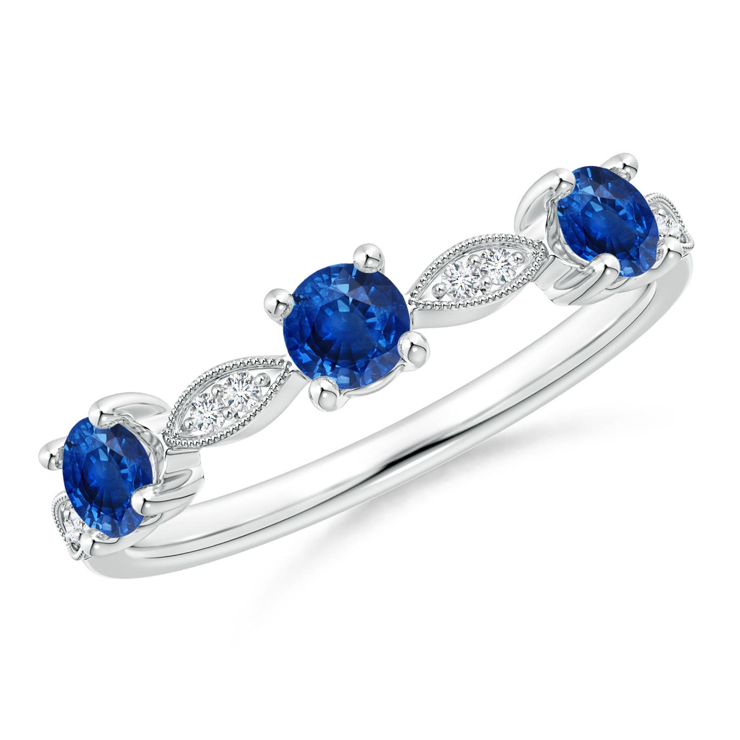 3.5mm AAA Blue Sapphire & Diamond Marquise and Dot Ring in White Gold
