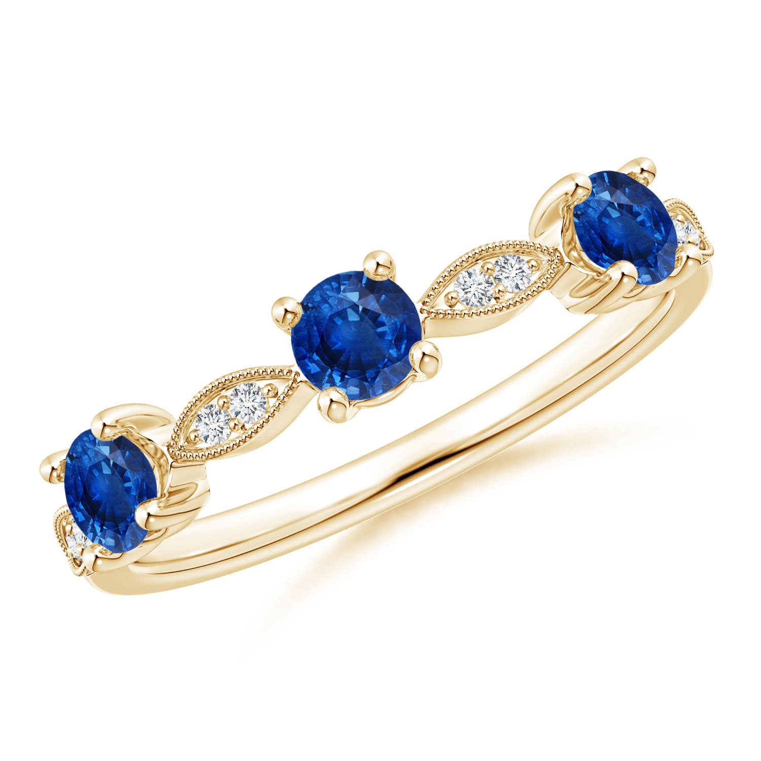 3.5mm AAA Blue Sapphire & Diamond Marquise and Dot Ring in Yellow Gold