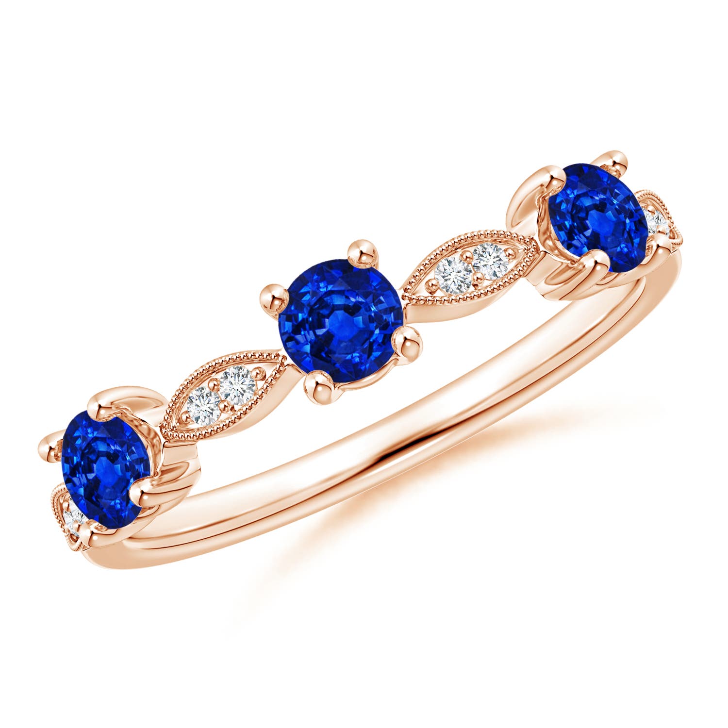 3.5mm AAAA Blue Sapphire & Diamond Marquise and Dot Ring in Rose Gold