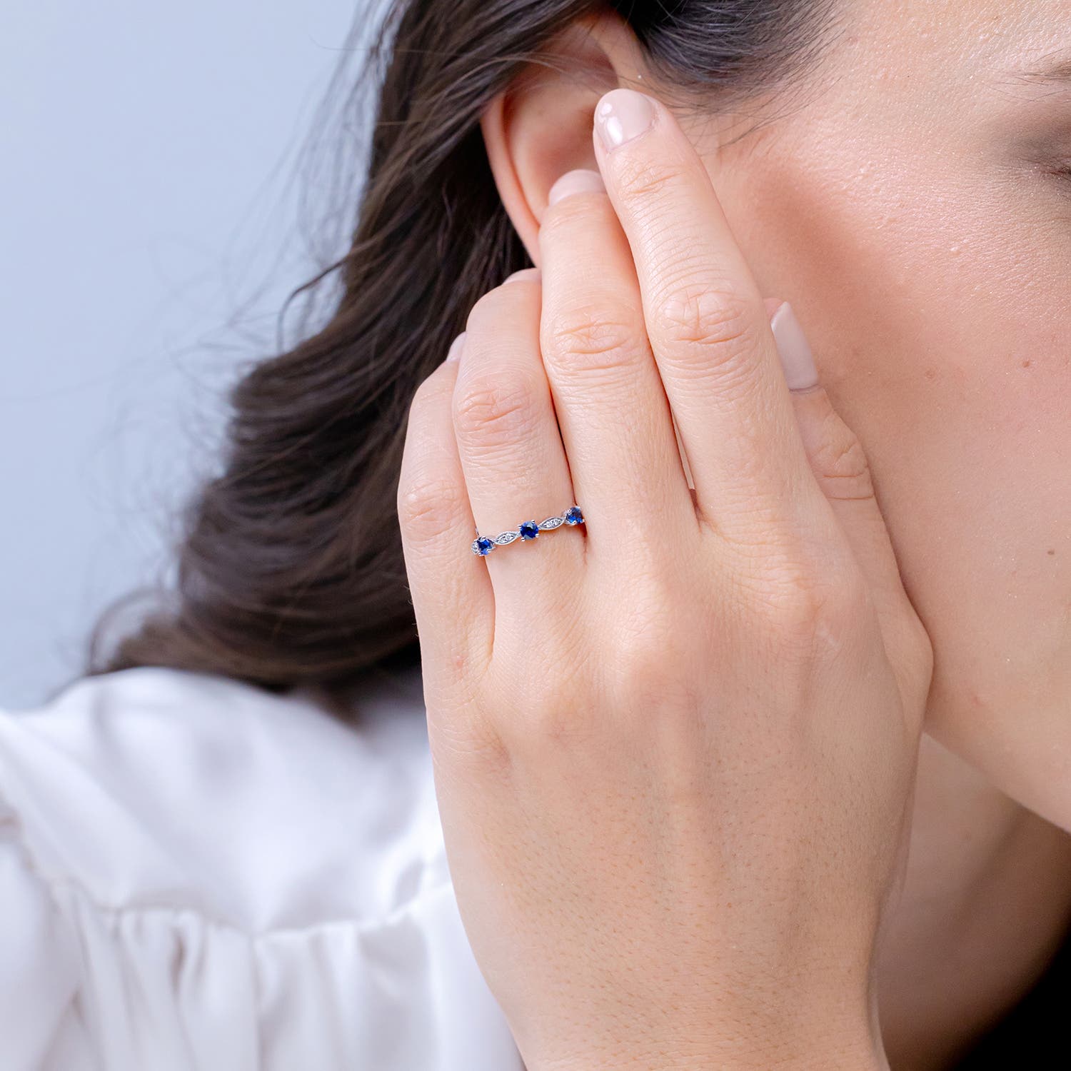Blue Sapphire & Diamond Marquise and Dot Ring