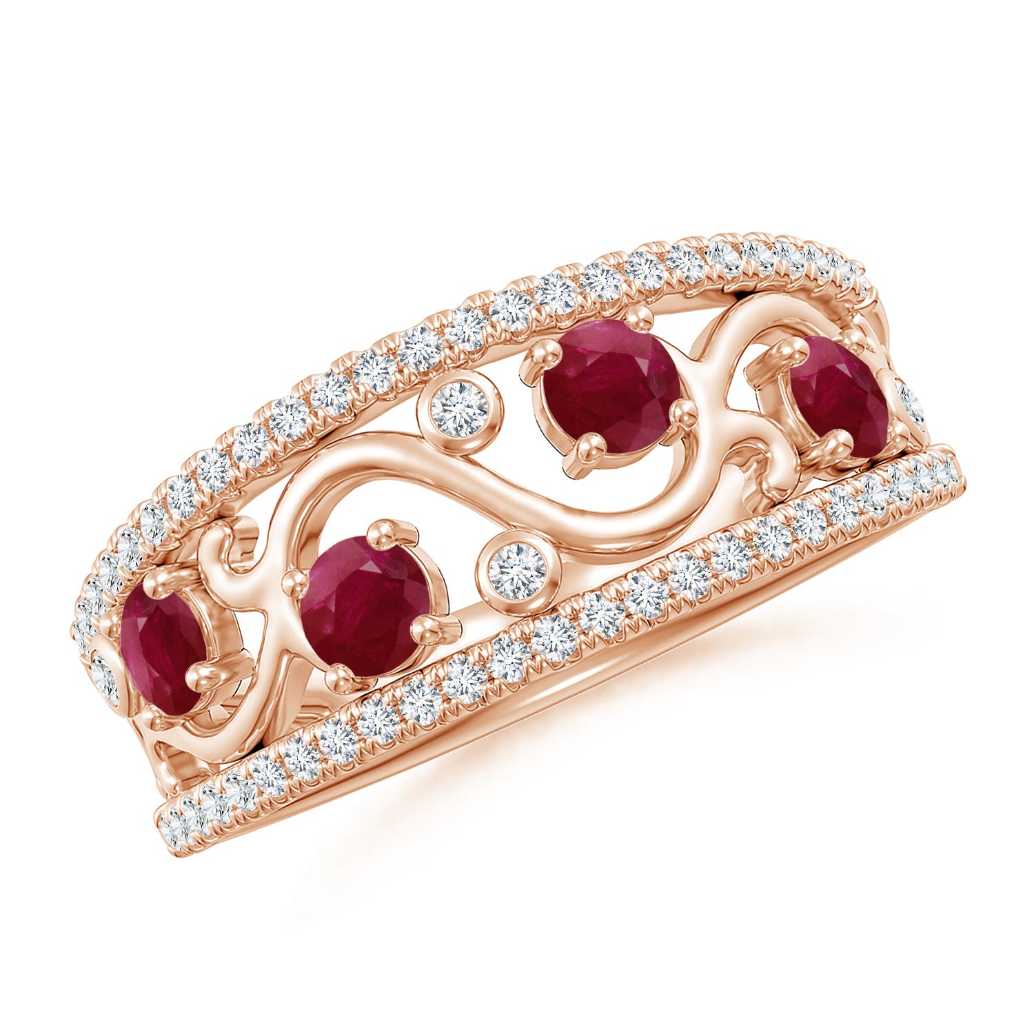 3mm A Nature Inspired Round Ruby & Diamond Filigree Ring in 18K Rose Gold