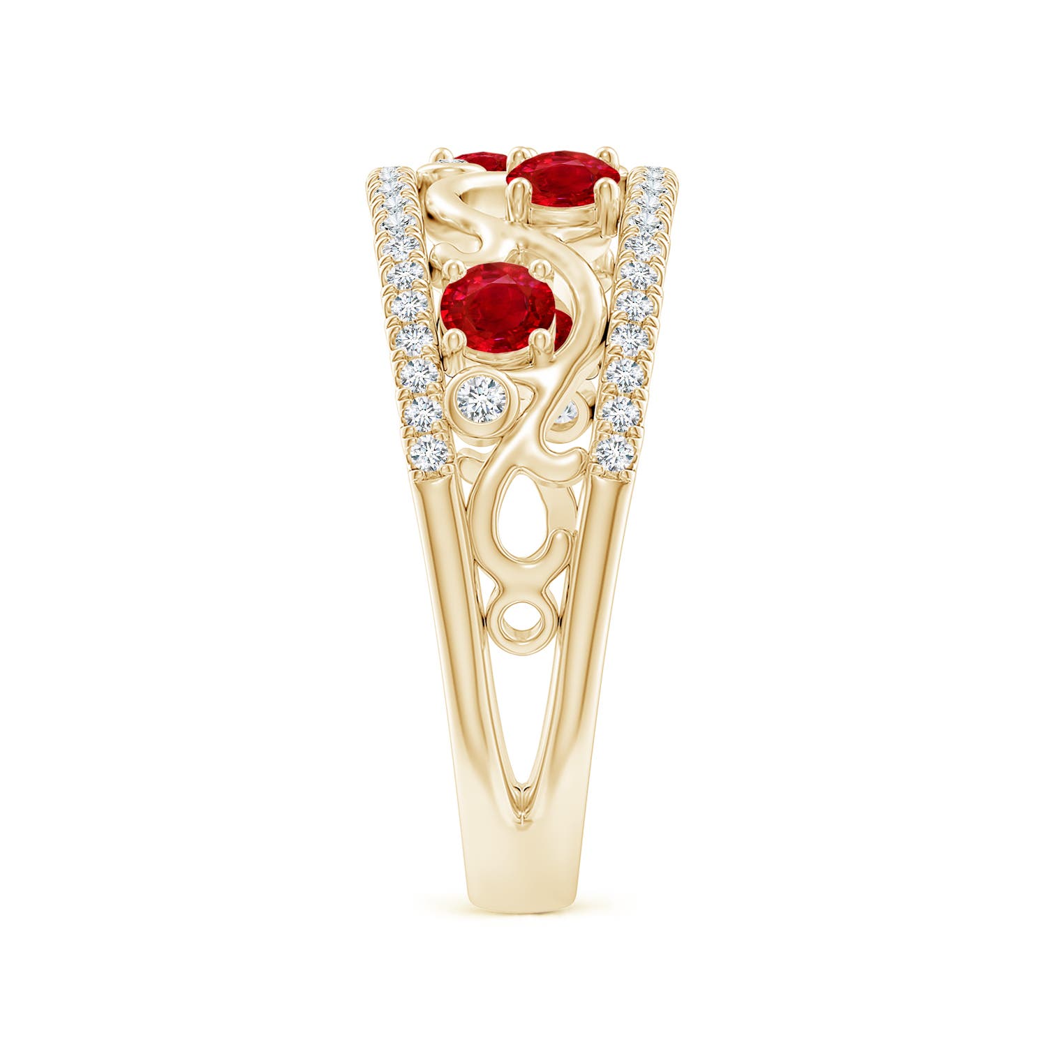 3mm AAA Nature Inspired Round Ruby & Diamond Filigree Ring in Yellow Gold - side 3