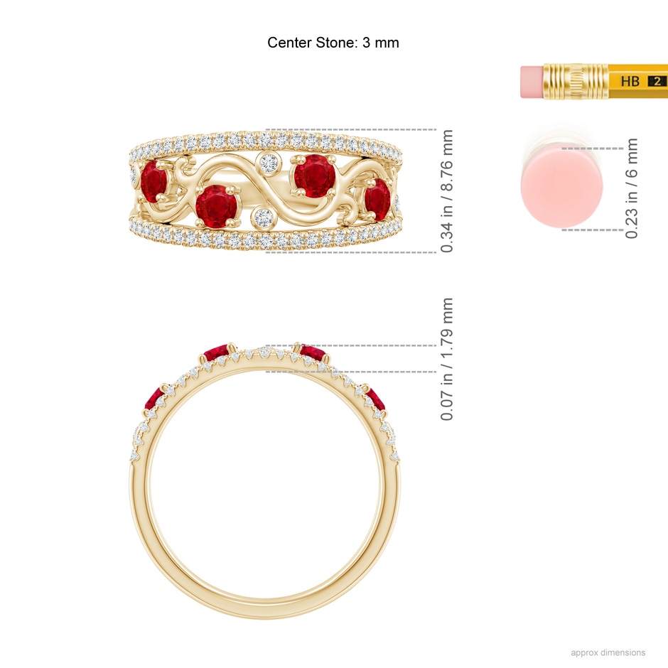 3mm AAA Nature Inspired Round Ruby & Diamond Filigree Ring in Yellow Gold ruler