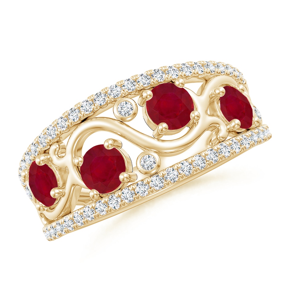 4mm AA Nature Inspired Round Ruby & Diamond Filigree Ring in Yellow Gold 