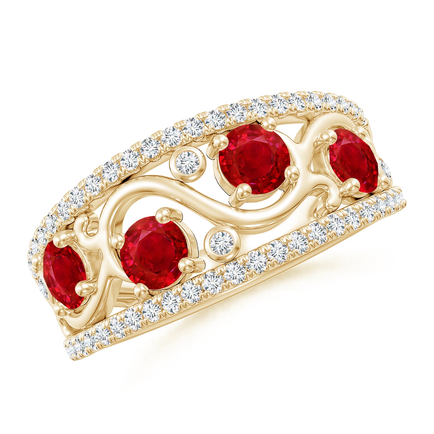 4mm AAA Nature Inspired Round Ruby & Diamond Filigree Ring in Yellow Gold