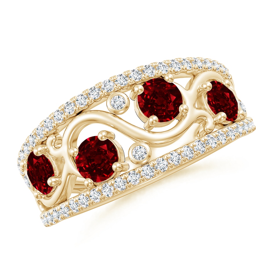 4mm AAAA Nature Inspired Round Ruby & Diamond Filigree Ring in 18K Yellow Gold 