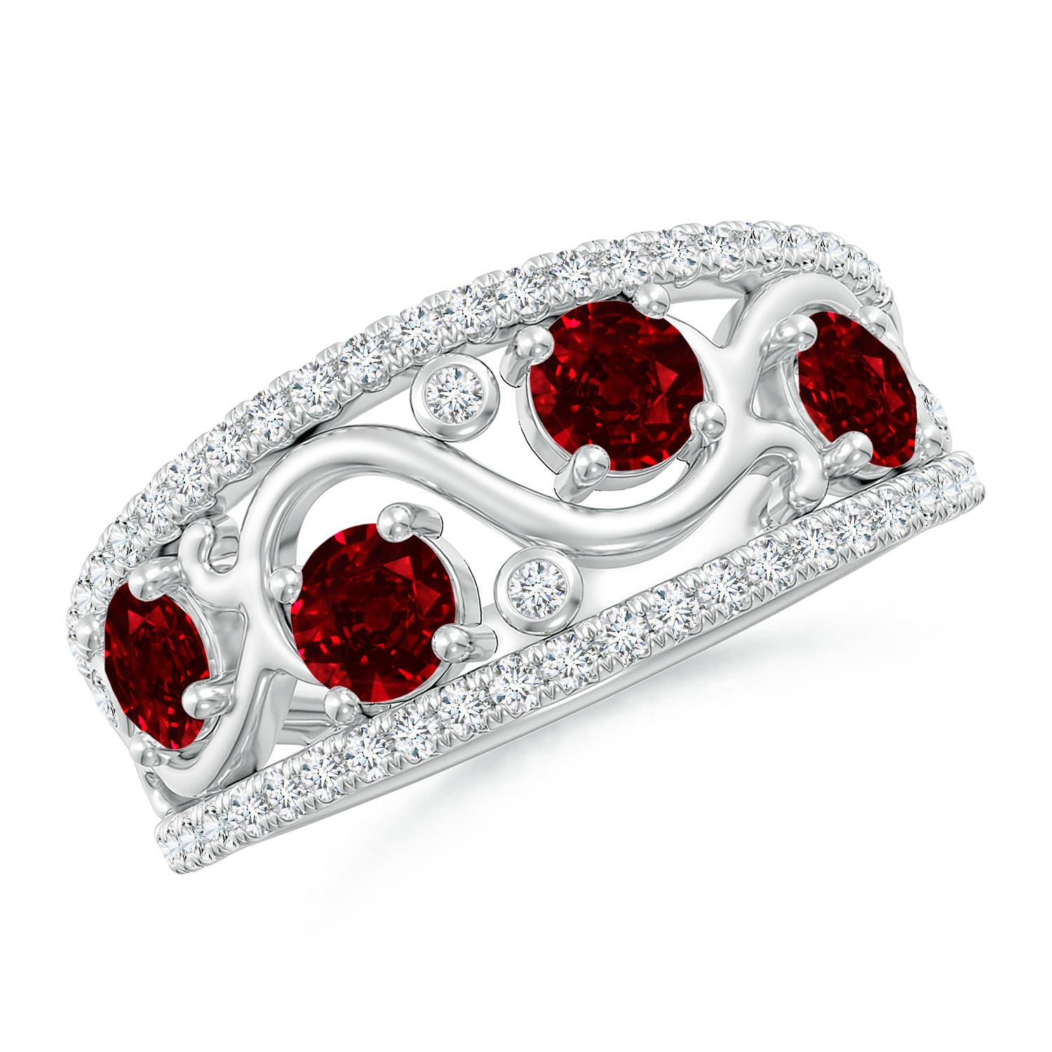 4mm AAAA Nature Inspired Round Ruby & Diamond Filigree Ring in White Gold
