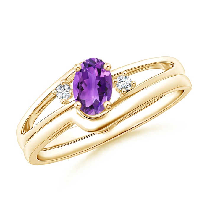 6x4mm AAA Split Shank Amethyst Engagement Ring with Wedding Band in Yellow Gold 