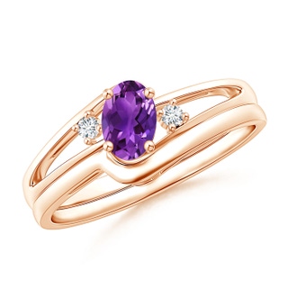 6x4mm AAAA Split Shank Amethyst Engagement Ring with Wedding Band in Rose Gold