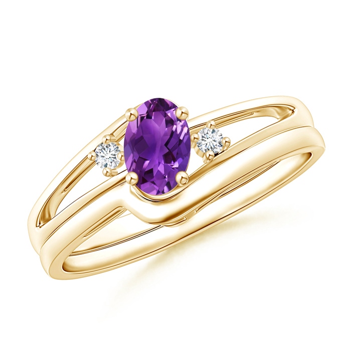 6x4mm AAAA Split Shank Amethyst Engagement Ring with Wedding Band in Yellow Gold 