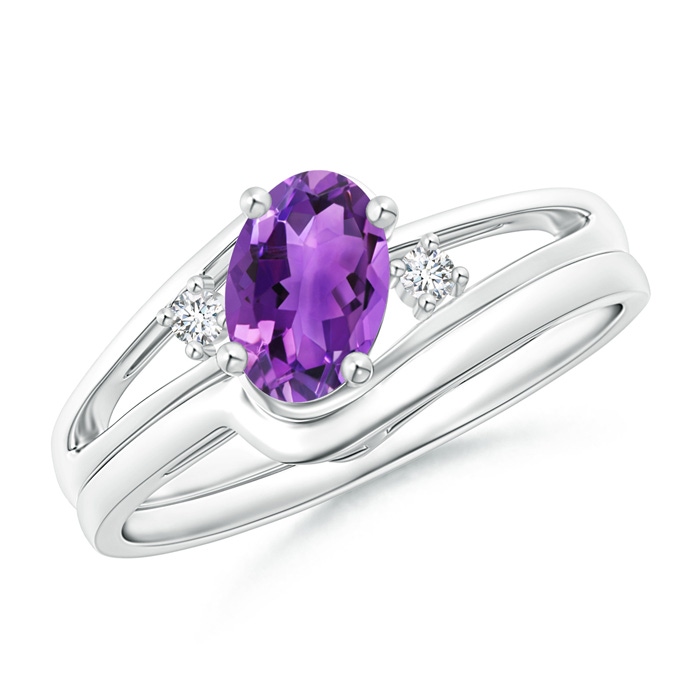 7x5mm AAA Split Shank Amethyst Engagement Ring with Wedding Band in 10K White Gold 